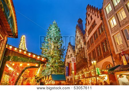 Traditional Christmas market on Roemer platz in Frankfurt, Germany