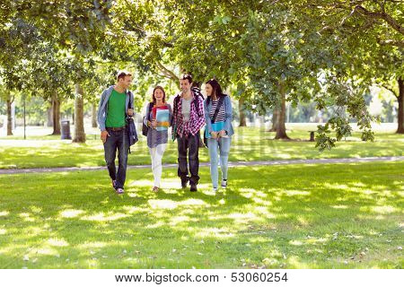 Full length of a group of young college students walking in the park