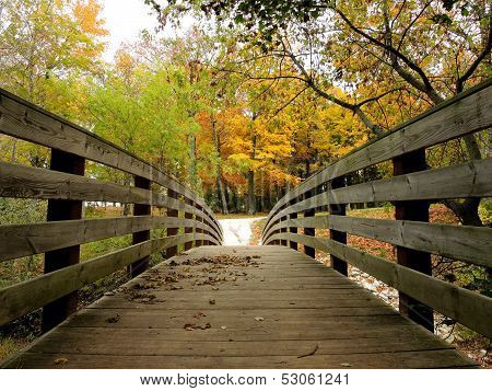 A hiking trail bridge in the beautiful autumn forest.