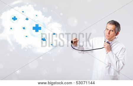 Proffesional doctor listening to abstract cloud with medical signs