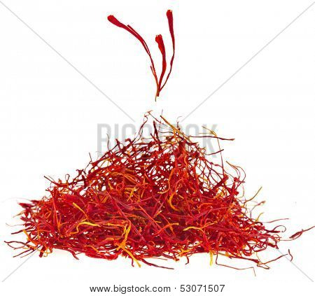 heap pile of saffron close up macro shot isolated on white background 