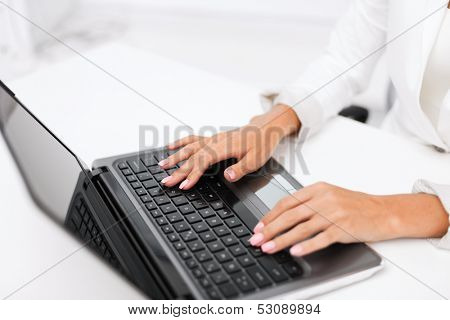office, business, technology and internet concept - businesswoman using her laptop computer