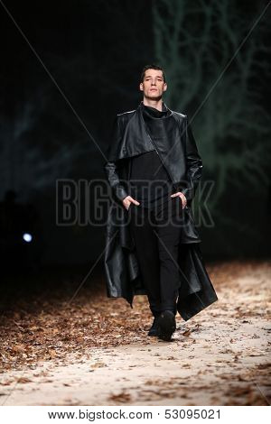 ZAGREB, CROATIA - OCTOBER 25: Fashion model wearing clothes designed by Spirir By T.B. on the Cro a Porter show on October 25, 2013 in Zagreb, Croatia.