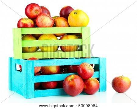 Juicy apples in wooden boxes isolated on white