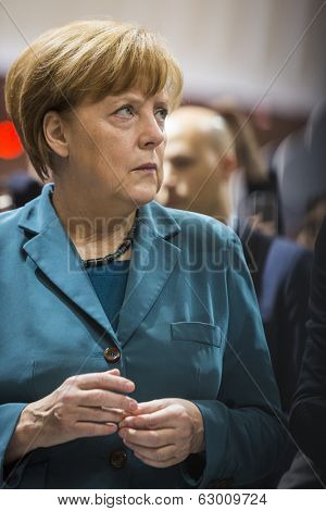 HANOVER, GERMANY - APRIL 7:  Chancellor Angela Merkel at Hannover Messe. April 7, 2014. The Hannover Messe is the largest industrial trade fair in the world