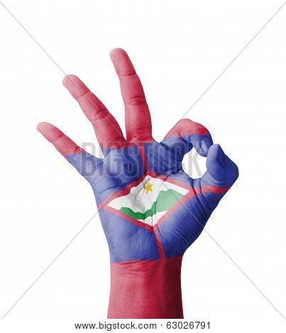 Hand Making Ok Sign, Sint Eustatius (neth.) Flag Painted As Symbol Of Best Quality, Positivity And S