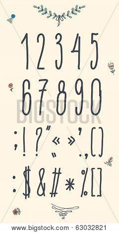Hand drawn sketch numbers. Handwritten font.