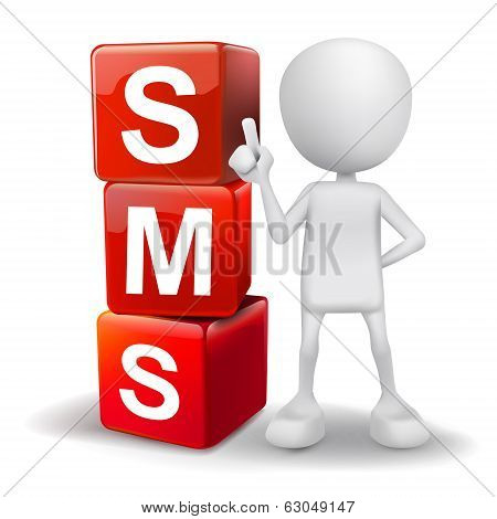 3D Illustration Of Person With Word Sms Cubes