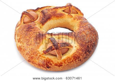 a traditional mona de pascua typical in Spain, a cake with boiled eggs eaten on Easter Monday, on a white background