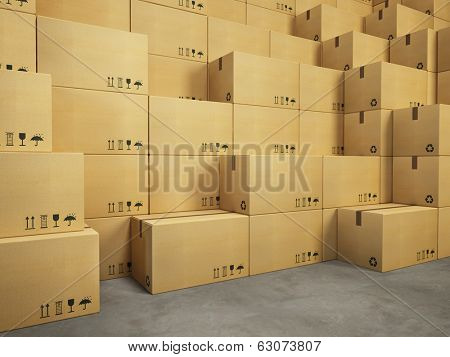 warehouse with stack of cardboard boxes
