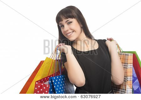 Shopping Concept: Happy Smiling Cacuasian Woman With Shopping Bags