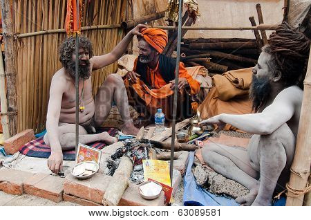 Sadhus (hindu Saints) Enjoying In Their Tent
