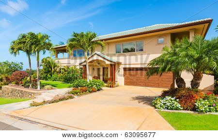 Beautiful Home Exterior, Luxury Home, Sunny Blue Sky 