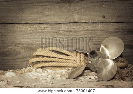  Maritime nautical decoration as a background on wood with screw 