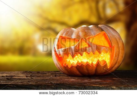 Concept of halloween pumpkin on wooden planks with blur background.