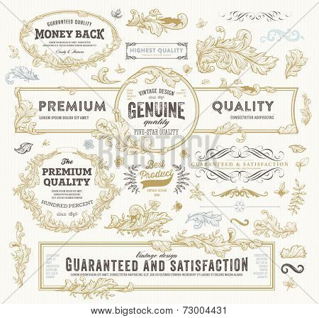 Vintage Vector Design Elements Collection. Retro Style Typographic Labels, Frames, Tags, Stamps and Emblems Set. Floral Patterns and Ornaments for Invitations. Modern Colors Version.