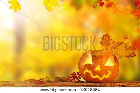 Scary jack o lantern halloween background, close-up.