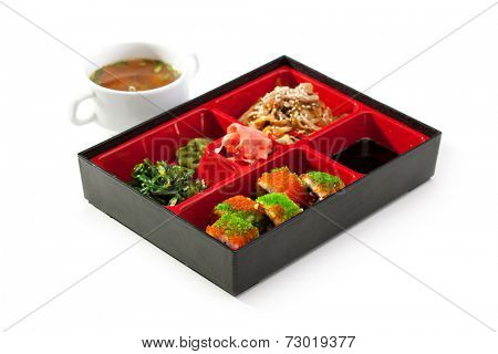 Bento Lunch - Maki Sushi, Chuka Salad, Noodles with Meat. Garnished with Miso Soup