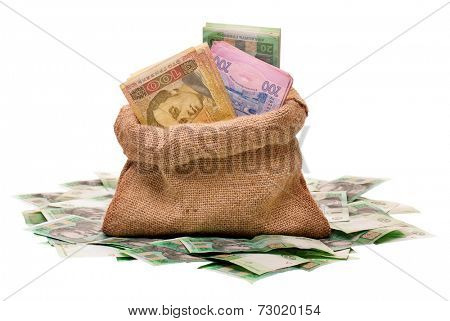 Full money bag with ukrainian hryvna, isolated on white background 