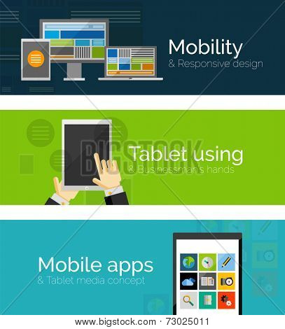 Set of flat design banners - business and mobility. Mobile apps, tablet with businessman's hands and responsive design of pc tablet phone and taptop