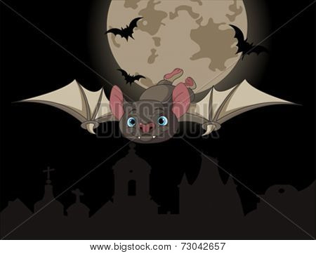 Illustration of Cute Cartoon Halloween bat in flight on full moon background