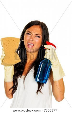 a young woman is unhappy must accept the housecleaning