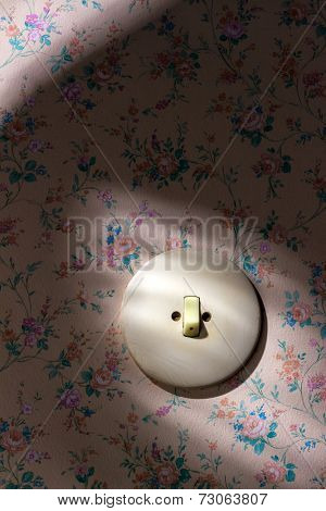 an old wallpaper with light switch. symbol photo for renewal and renovation.