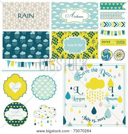 Vintage Rain & Sky Party Set - for Party Decoration, Scrapbook, Wedding - in vector