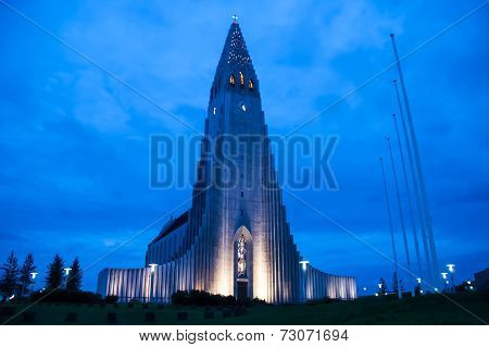 Reikjavik Cathedral In Sunset Time