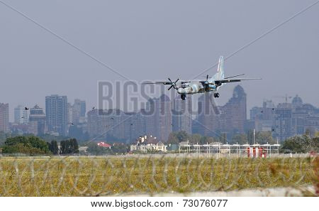 KIEV, UKRAINE - September 27, 2014: An26 airplane of the Military Air Force of Ukraine, renovated with the help of volunteers