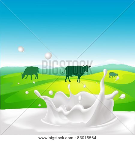 Vector Design With Cow, Milk Splash And Landscape