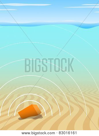 Illustration of a black box recorder transmitting a signal from the seabed after an aircraft disaster