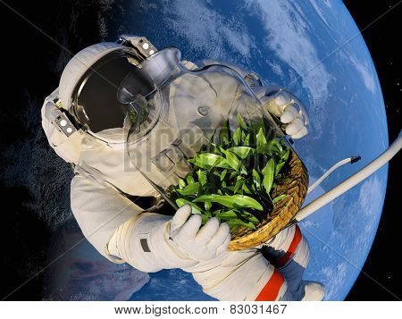 Astronaut with seedlings on the background of the planet.