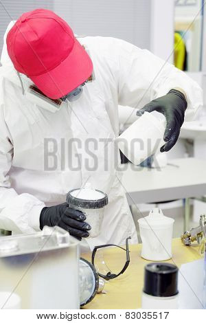 Preparation of paint for car painting in car body shop