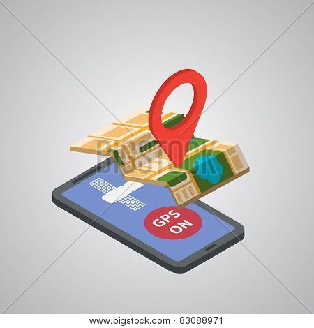 GPS mobile navigation with tablet or smartphone. Isometric style