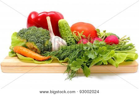 Fresh Ripe Raw Vegetables On Wooden Cutting Board