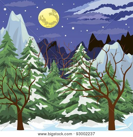 Night winter scene with the moon low in the sky.