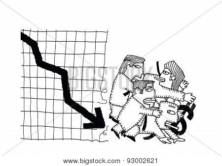 Cartoon Businessman Group Shocking Down Arrow And Downturn Economic