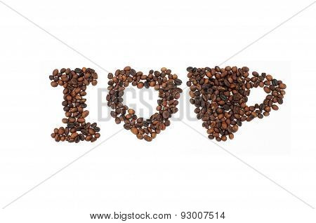 Roasted coffee beans in shape of alphabets, i love coffee