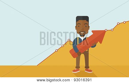 A happy and lucky young black guy holding arrow growing sign, successful in business career. Prosperity concept. A contemporary style with pastel palette soft yellow and blue tinted background. Vector