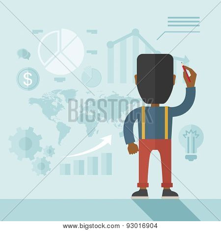 An african- american goodlooking  finance officer facing backward with his presentation, a graph, pie chart, dollar coin and map on the board. Business strategy concept.  A contemporary style