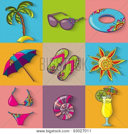 Summer Holidays Seaside Beach Icons Set.