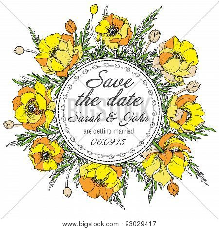 Vintage elegant wedding invitation or card Save the Date with graphic yellow flowers (trollius). Vec
