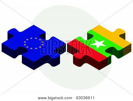 European Union And Myanmar Flags In Puzzle