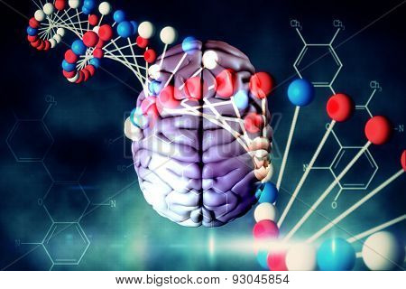 brain against blue dna strand with chemical structures