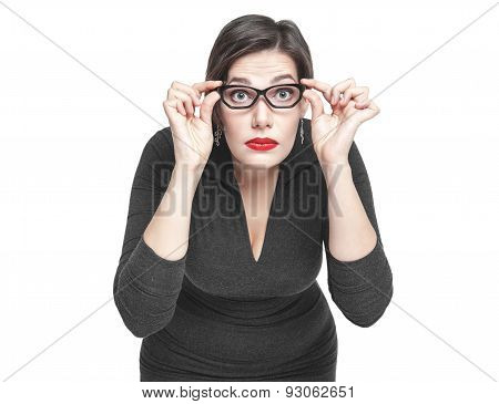 Plus Size Woman In Glasses Looking On You Isolated