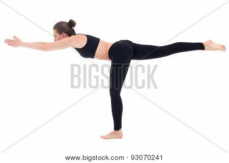 Balance Concept - Young Woman Standing In Yoga Pose Isolated On White