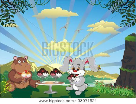 Picture - Rabbit And Hippo With Ice Cream Outdoors [