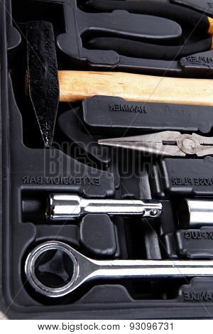 toolbox set of tools include hammer wrench bit driver pliers hex key bush level hex key