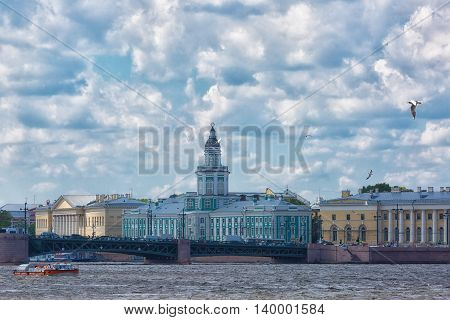 The building of the Kunstkammer in St. Petersburg against the sky with clouds Russia